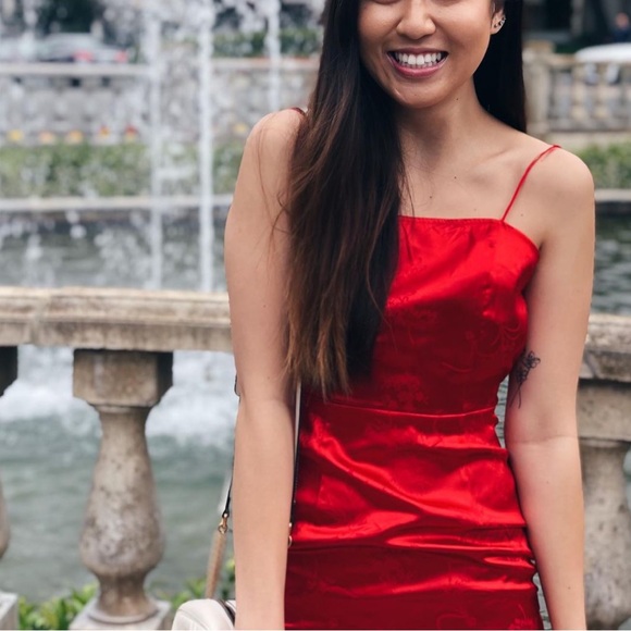 PLT Red Satin Mixed print Lace Up Back Bodycon Dress - Picture 5 of 7